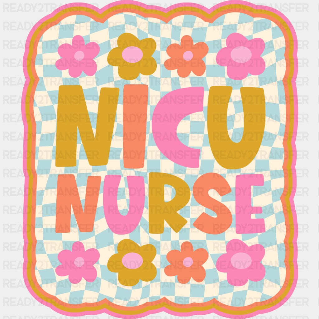NICU Nurse, Flowers, Blue & White Checkered - NICU Nurse DTF Transfers ready2transfer