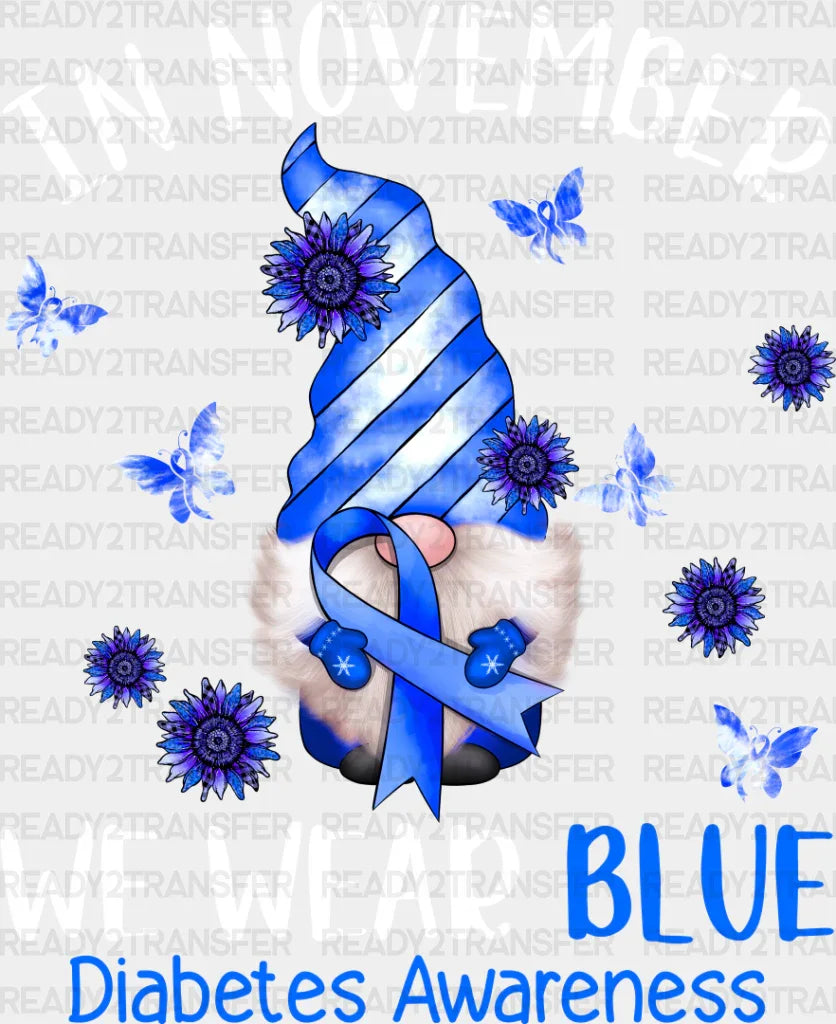 November We Wear Blue Gnome - Diabetes Dtf Heat Transfer Adult Unisex S & M (10’’) / Light