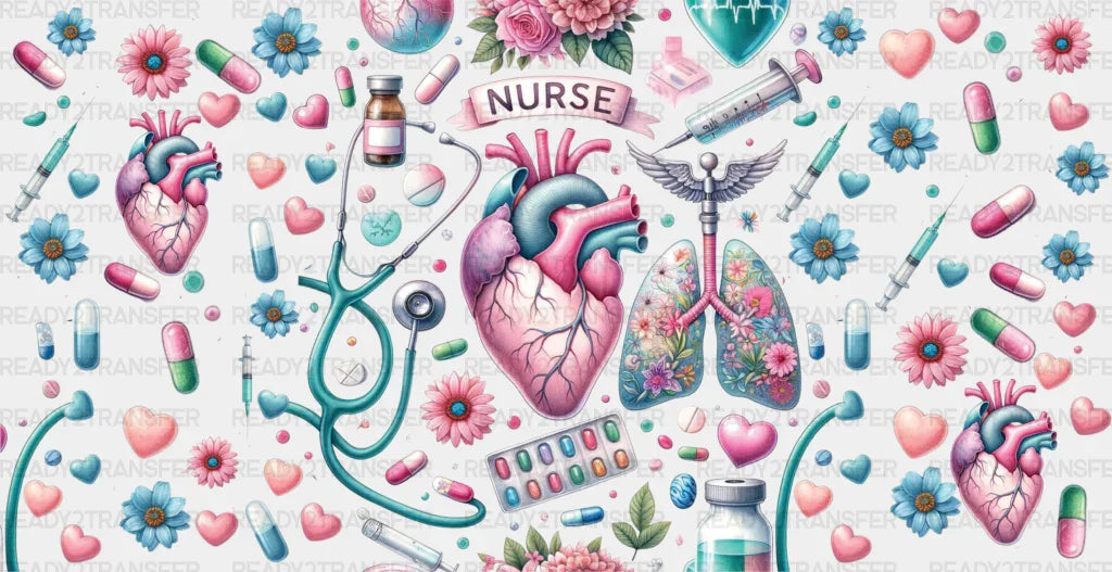 Nurse Heart Lungs Flowers - Cup Wrap Uv Sticker Permanent Dtf Decal