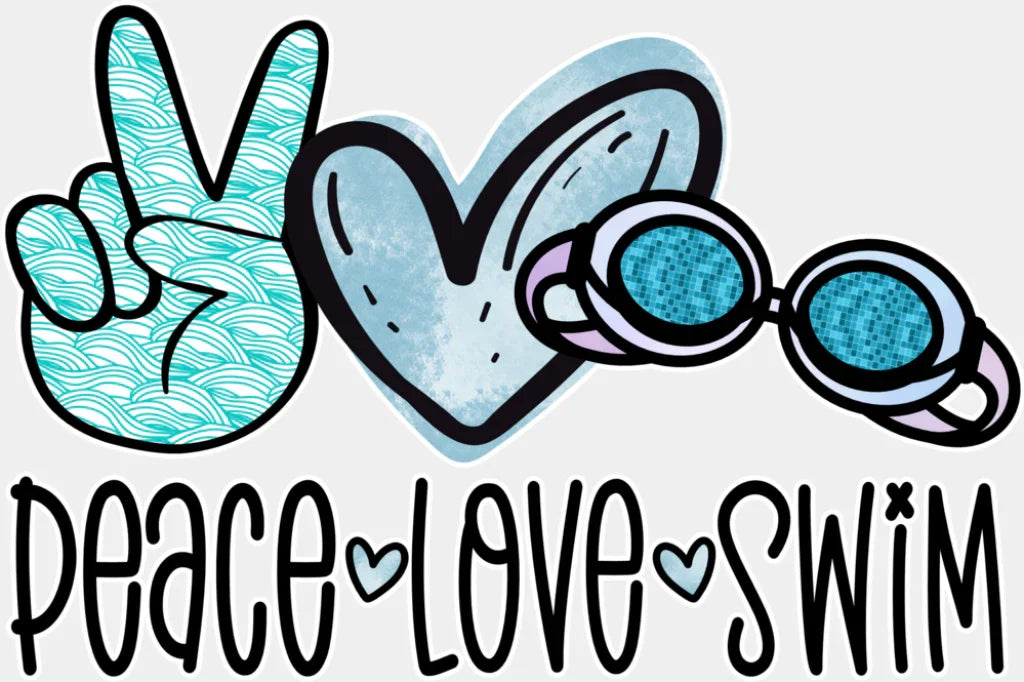 Peace Love Swim Doodles Design - Swimming DTF Heat Transfer ready2transfer White