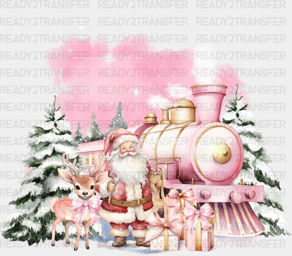 Pink Train Santa And Reindeer - Christmas Dtf Transfer