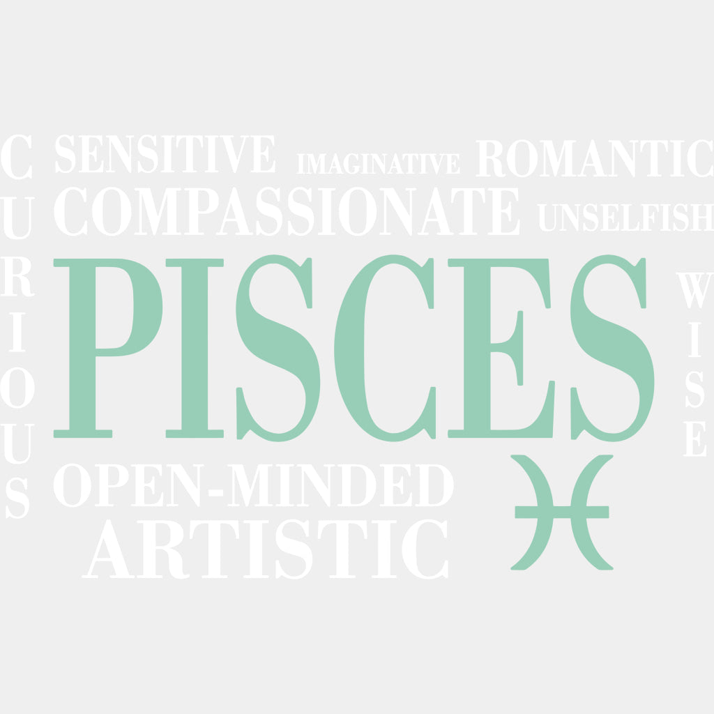 Pisces Qualities Turquoise Horizontal - Zodiacs & Horoscopes DTF Transfers - Adult Unisex - S & M (10’’) / Light Color