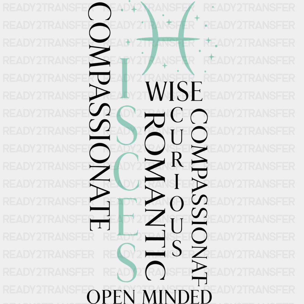 Pisces Qualities Turquoise - Zodiacs & Horoscopes DTF Transfers - Adult Unisex - S & M (10’’) / Dark Color Design (See