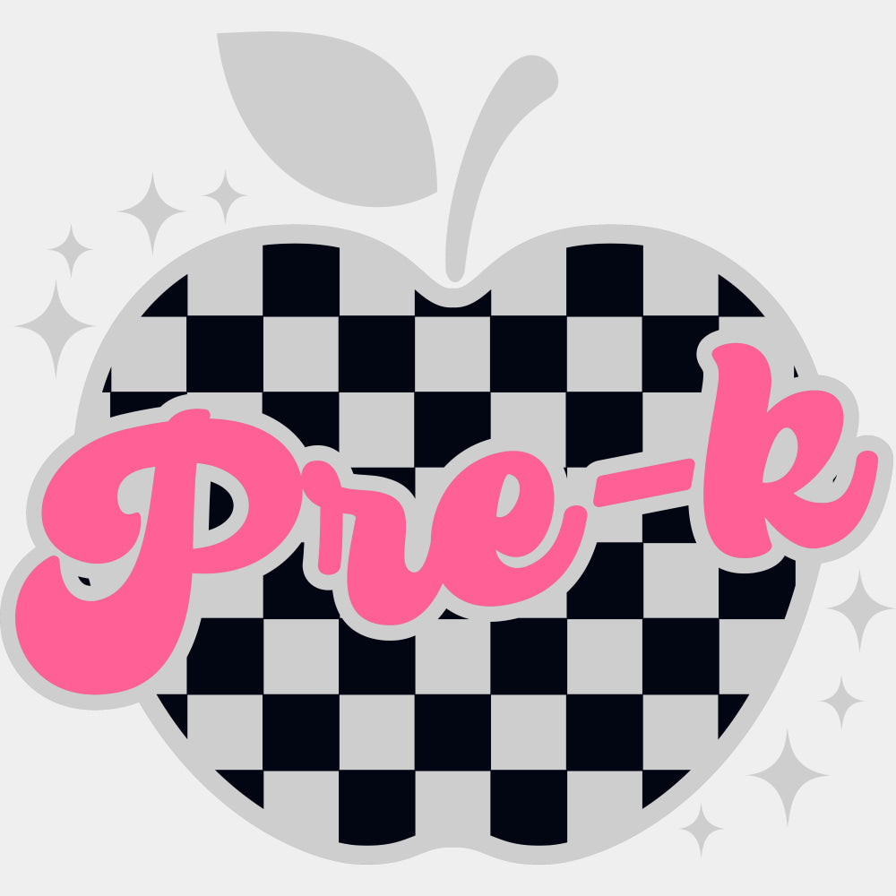 Pre-K Checkered Apple, Pink Text - Pre-K DTF Transfers ready2transfer Light Color Design (See Imaging)