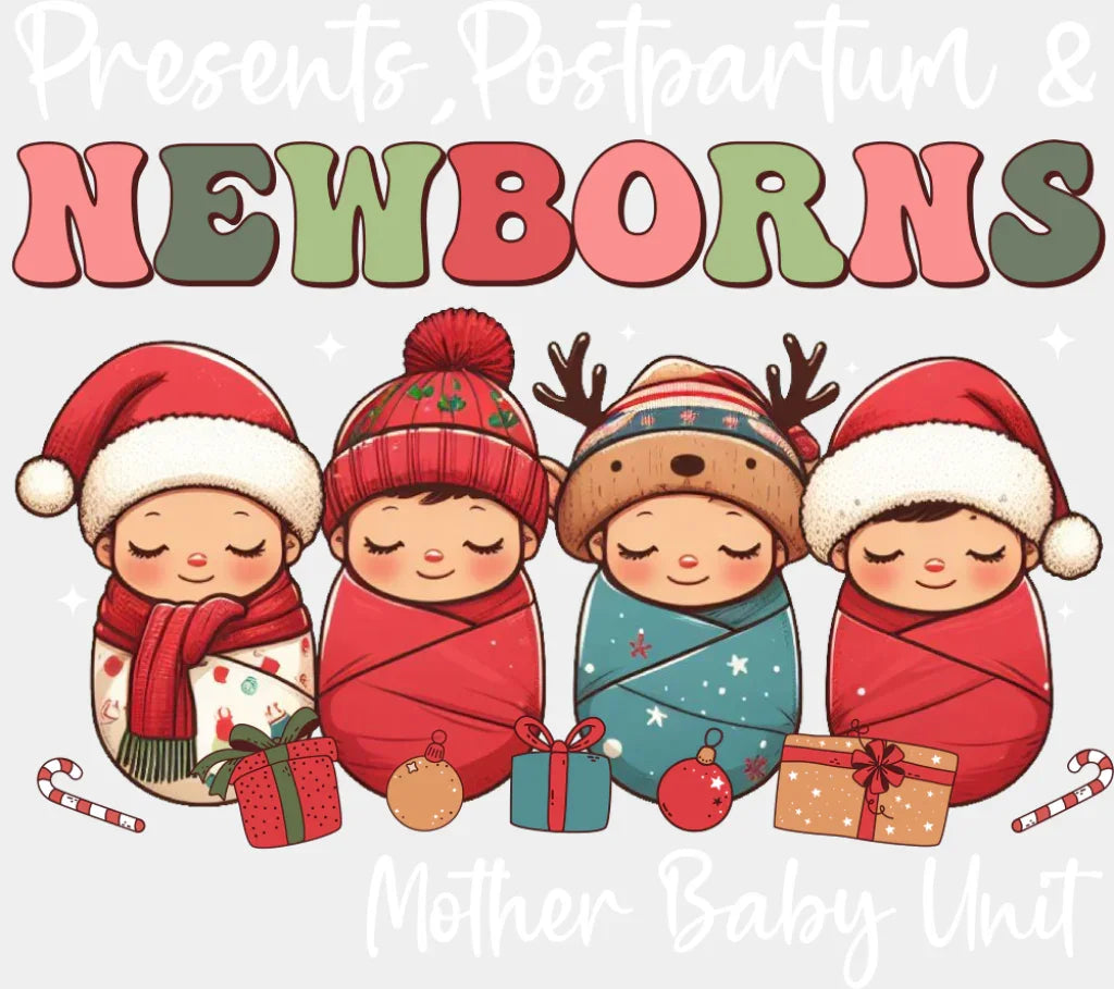 Presents Postpartum & Newborns - Nurse DTF Transfer Adult Unisex - S & M (10’’) / Light Color Design (See Imaging)