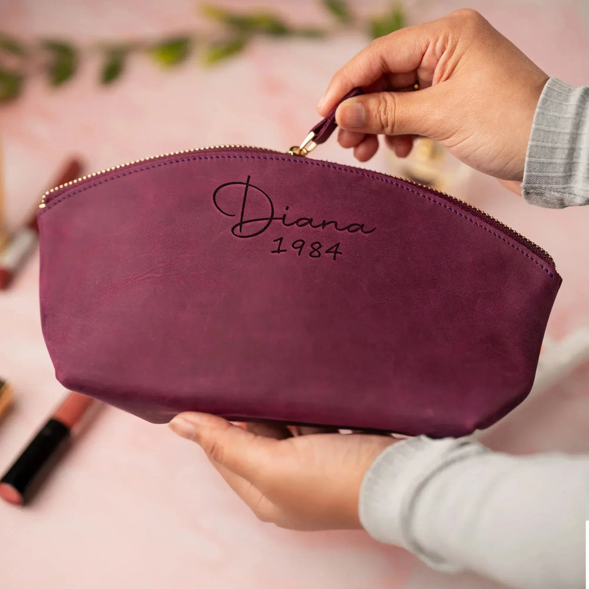 Custom Engraved Leather Makeup Bag for Women