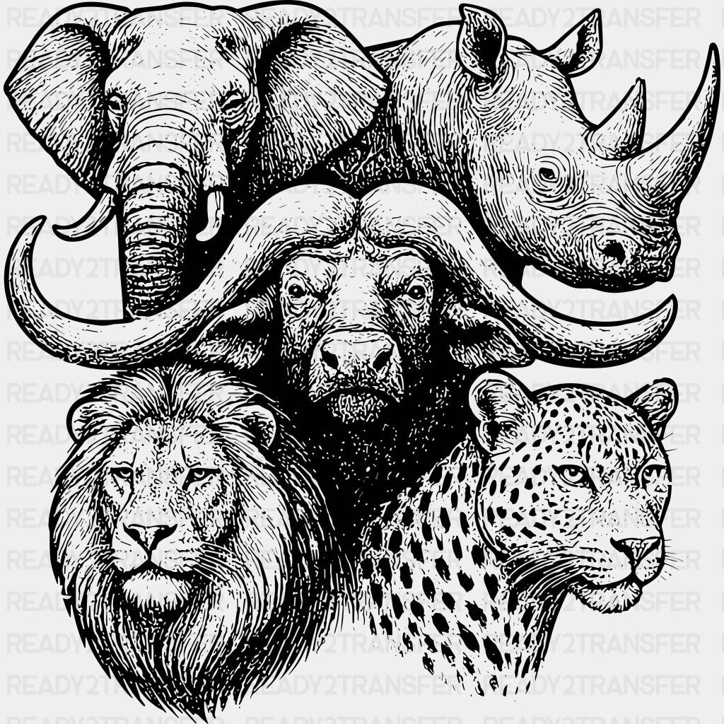Safari Animals Collage B&W - Animals DTF Transfers - Adult Unisex - S & M (10’’) / Dark Color Design (See Imaging)