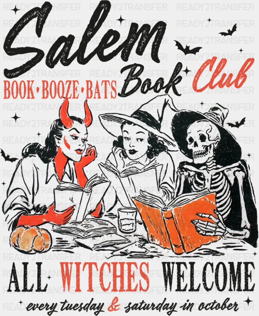 Salem Book Club All Witches Welcome - Halloween DTF Transfer Adult Unisex - S & M (10’’) / Dark Color Design (See