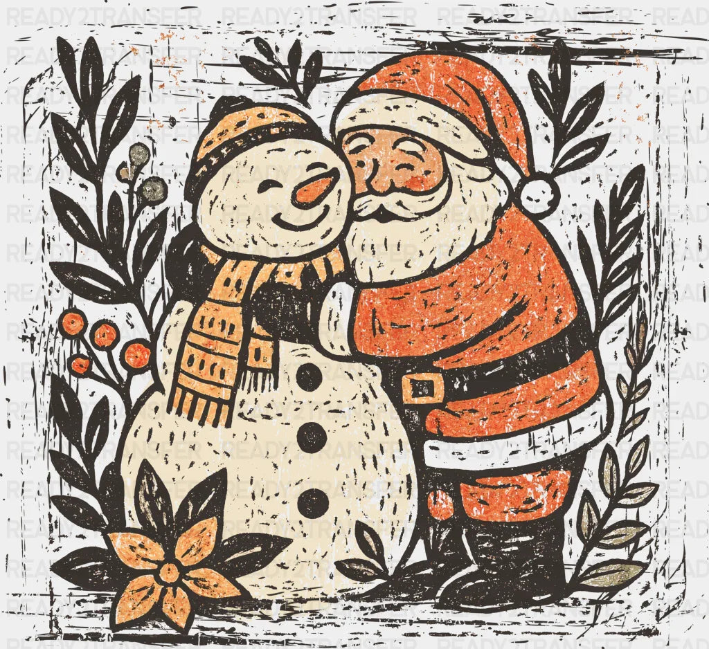 Santa And Snowman Hugging - Christmas DTF Transfer Adult Unisex - S & M (10’’) / Dark Color Design (See Imaging)