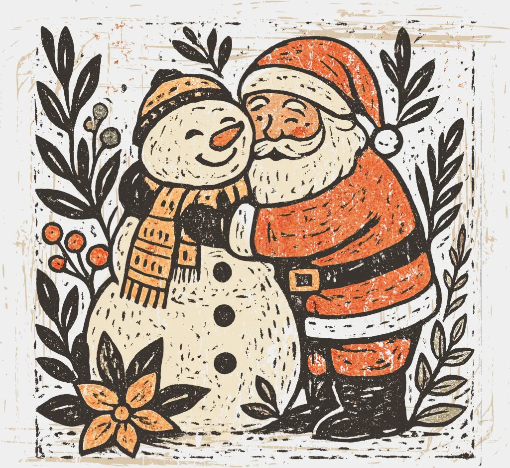 Santa And Snowman Hugging - Christmas DTF Transfer Adult Unisex - S & M (10’’) / Light Color Design (See Imaging)
