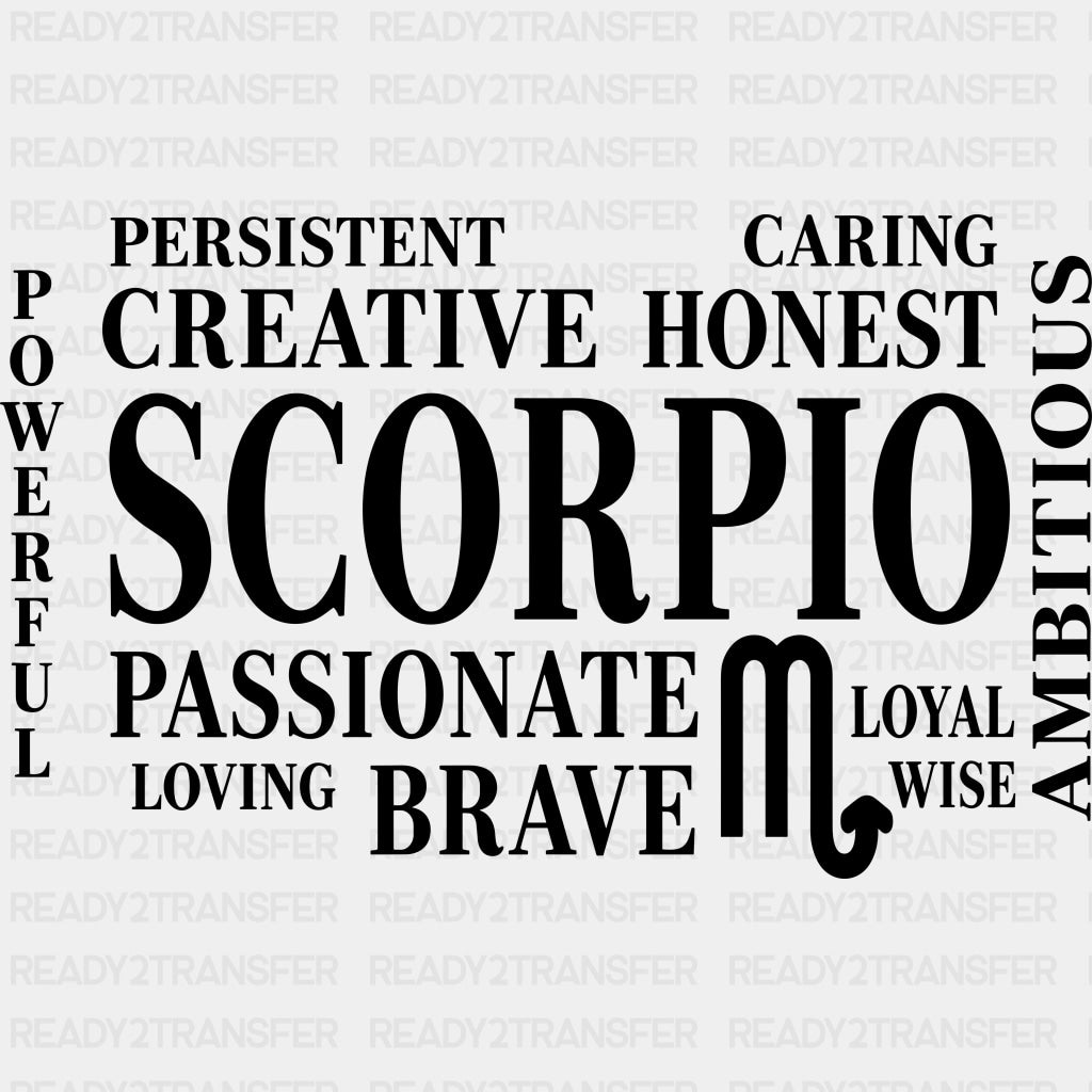 Scorpio Qualities B&W Horizontal - Zodiacs & Horoscopes DTF Transfers - Adult Unisex - S & M (10’’) / Dark Color Design