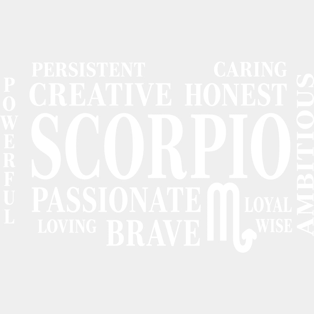 Scorpio Qualities B&W Horizontal - Zodiacs & Horoscopes DTF Transfers - Adult Unisex - S & M (10’’) / Light Color