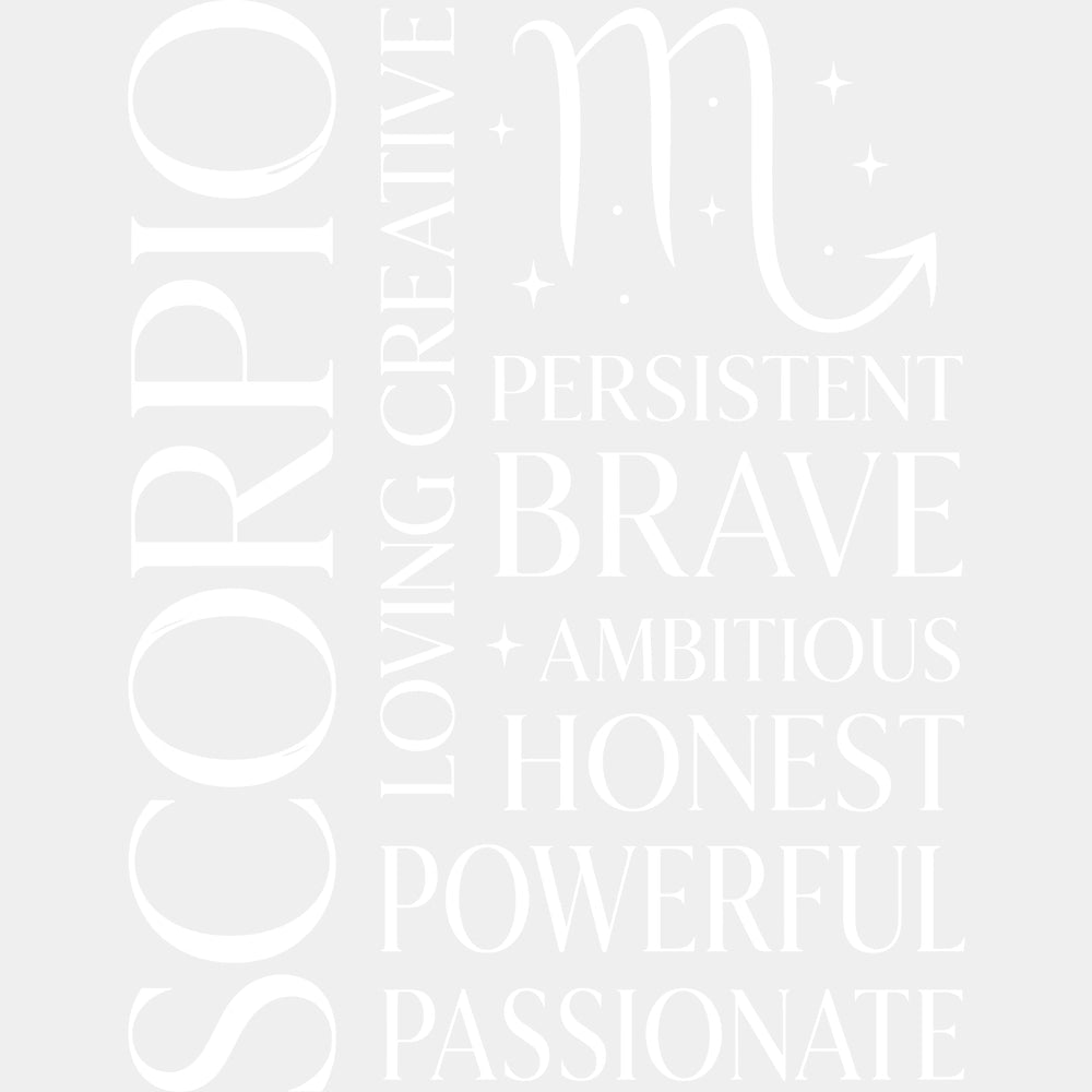 Scorpio Qualities Black - Zodiacs & Horoscopes DTF Transfers - Adult Unisex - S & M (10’’) / Light Color Design (See