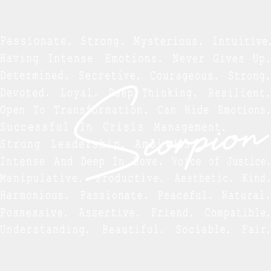 Scorpion B&W - Zodiacs & Horoscopes DTF Transfers - Adult Unisex - S & M (10’’) / Light Color Design (See Imaging)