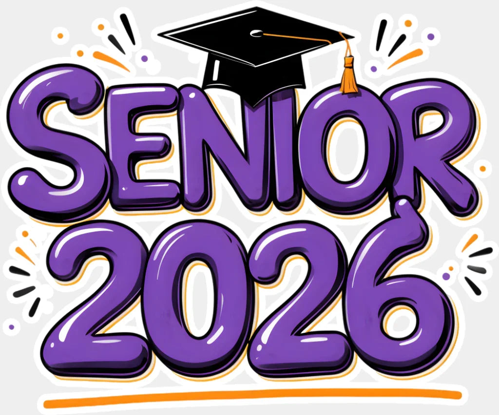 Senior 2026 Purple & Orange - Graduation DTF Transfer Adult Unisex - S & M (10’’) / Light Color Design (See Imaging)