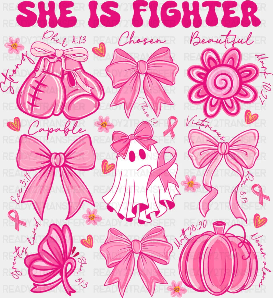She Is Fighter Cute Ghost Breast Cancer Awareness DTF Transfer