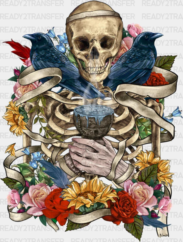 Skeleton Crows Flowers Design - Iron On Dtf Transfer
