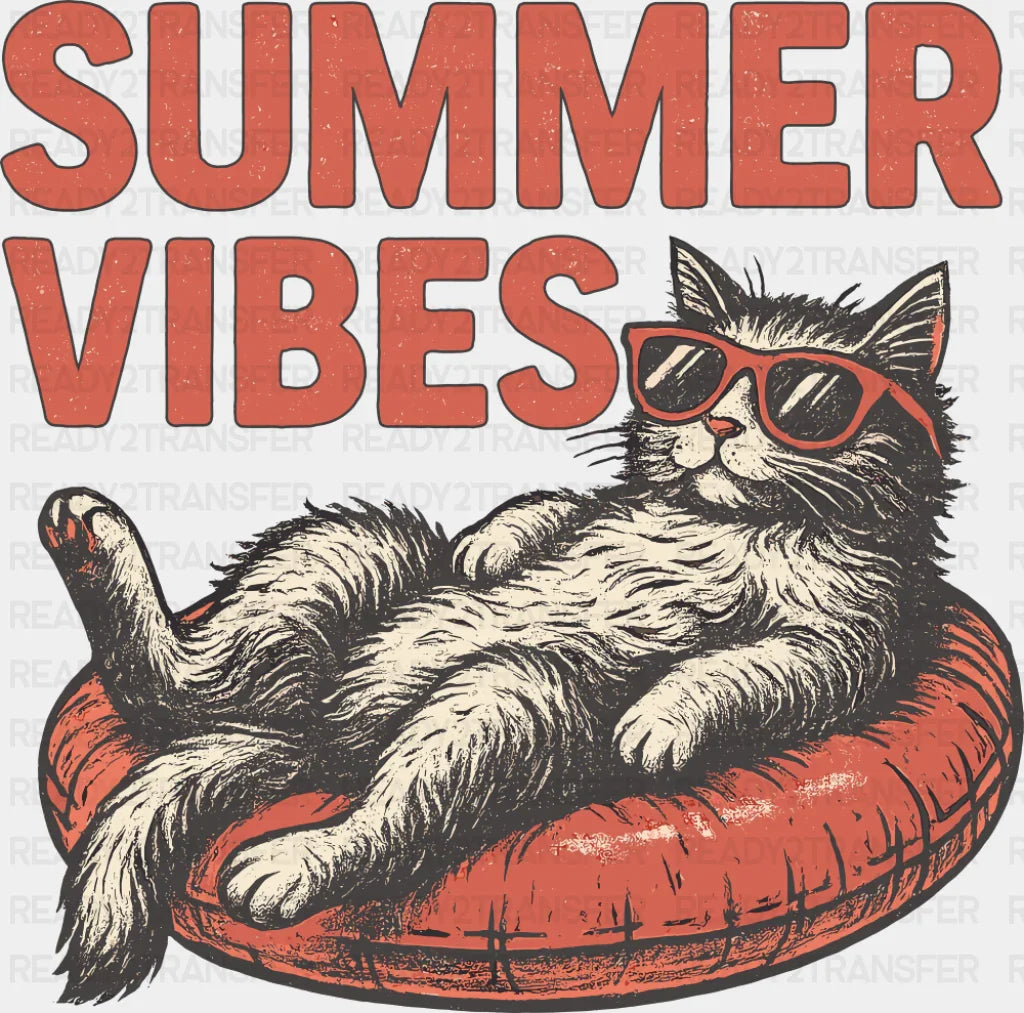 Summer Vibes Cat & Red Cushion - Summer DTF Transfer ready2transfer Dark Color Design (See Imaging)