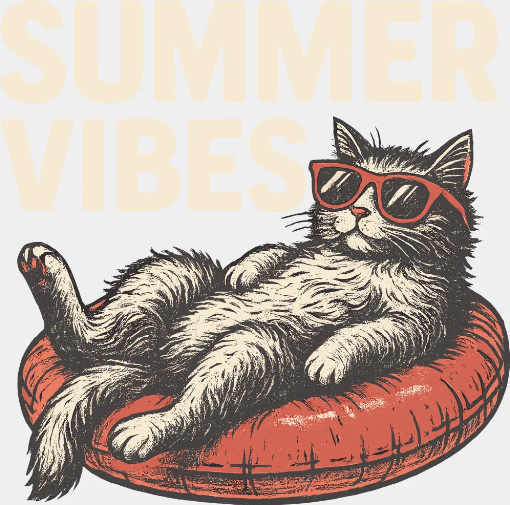 Summer Vibes Cat & Red Cushion - Summer DTF Transfer Adult Unisex - S & M (10’’) / Light Color Design (See Imaging)