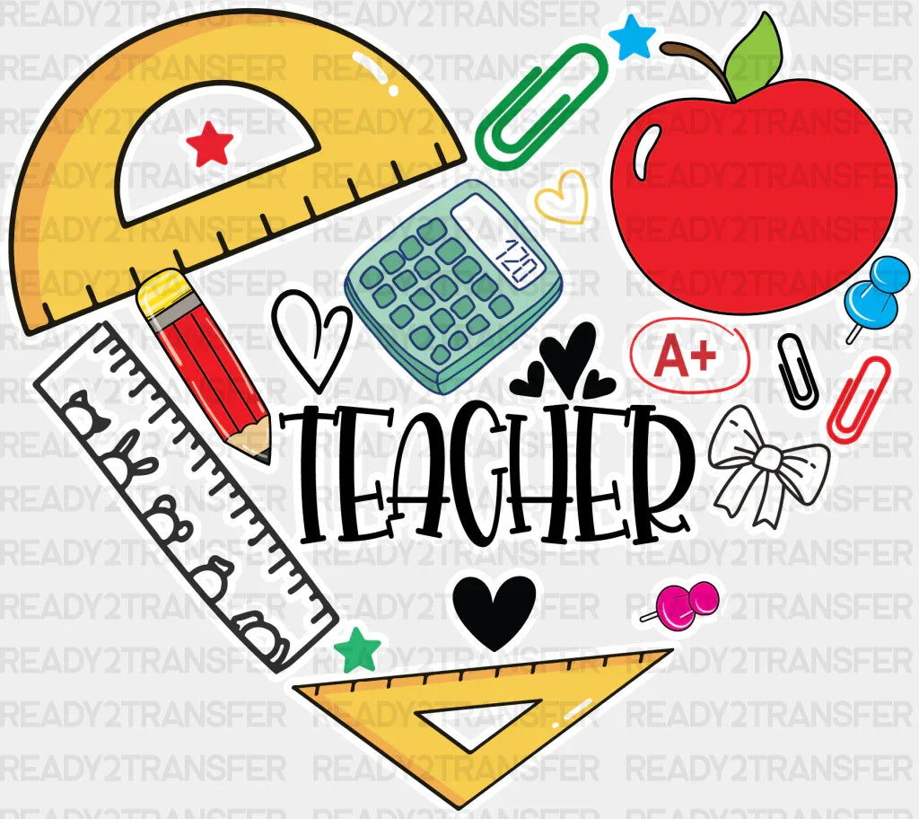 Teacher Heart Design - Teachers Dtf Heat Transfer Adult Unisex S & M (10’’) / White