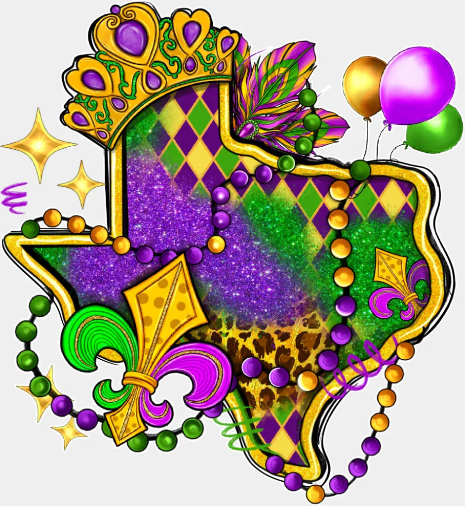 Texas Map Colorful - Mardi Gras DTF Transfer Adult Unisex - S & M (10’’) / Light Color Design (See Imaging)