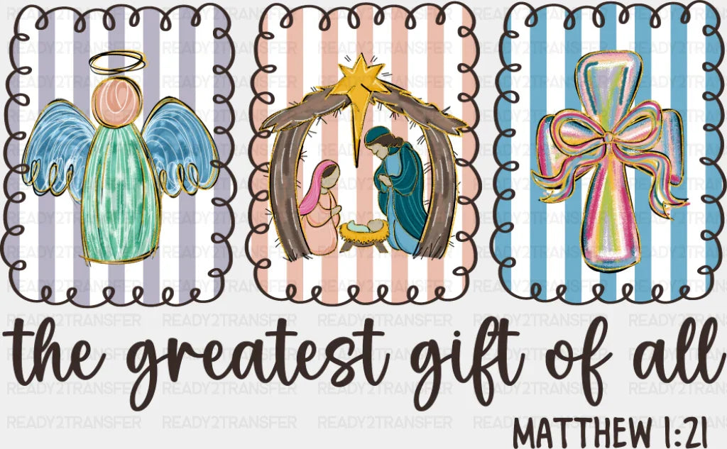 The Greatest Gift Of All B&W Matthew 1:21 - Christmas DTF Transfer Adult Unisex - S & M (10’’) / Dark Color Design (See