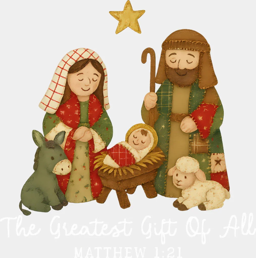 The Greatest Gift Of All Matthew 1:21 - Christmas DTF Transfer Adult Unisex - S & M (10’’) / Light Color Design (See