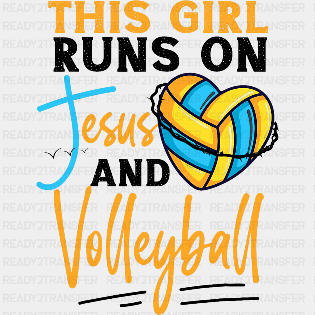 This Girl Runs On Jesus And Volleyball, Yellow - Volleyball DTF Transfers ready2transfer Dark Color Design (See Imaging)