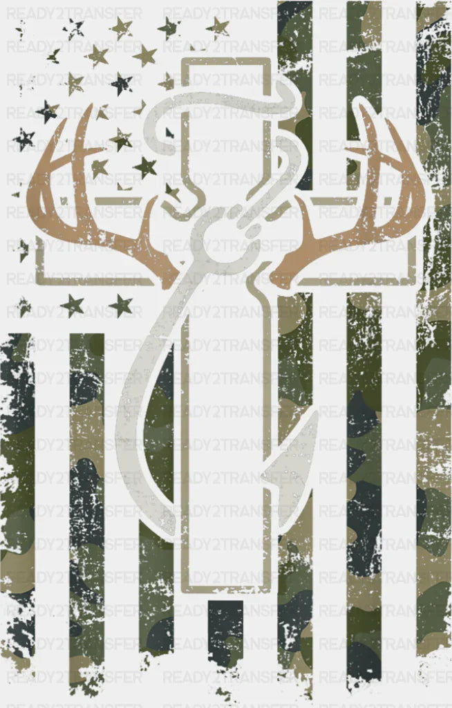 US Flag Cross Deer Antler Fish Hook - Outdoor DTF Transfer