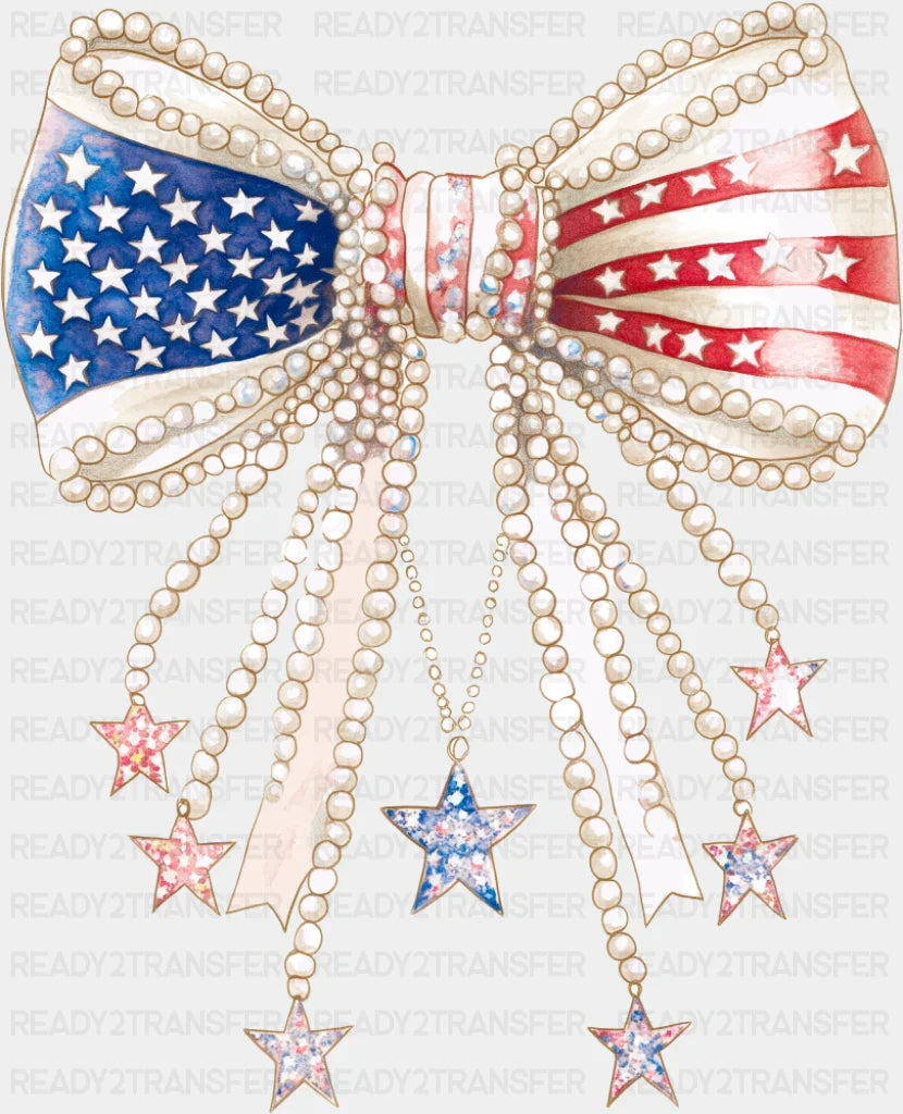 US Flag Ribbon With Pearls - 4th Of July DTF Transfer ready2transfer