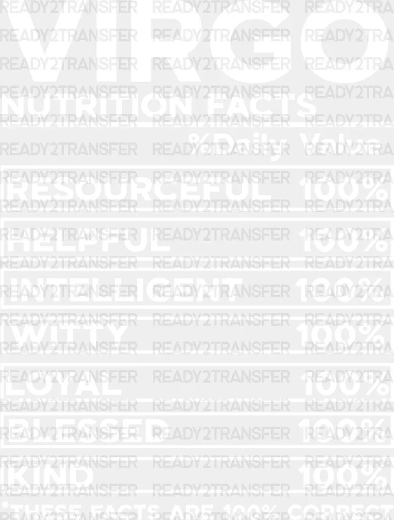Virgo Nutrition Facts - Zodiacs & Horoscopes Dtf Heat Transfer Adult Unisex S M (10’’) / Light