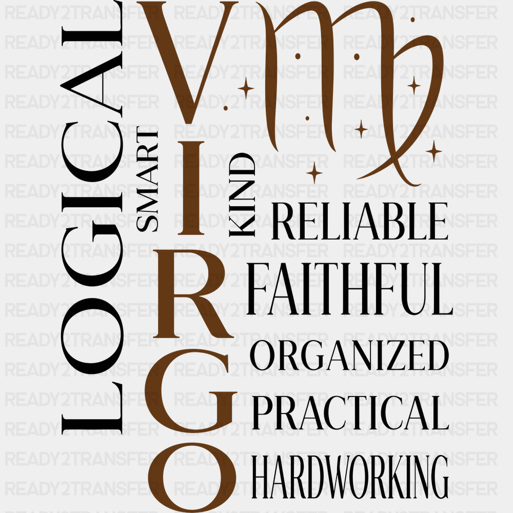 Virgo Qualities Brown - Zodiacs & Horoscopes DTF Transfers - Adult Unisex - S & M (10’’) / Dark Color Design (See