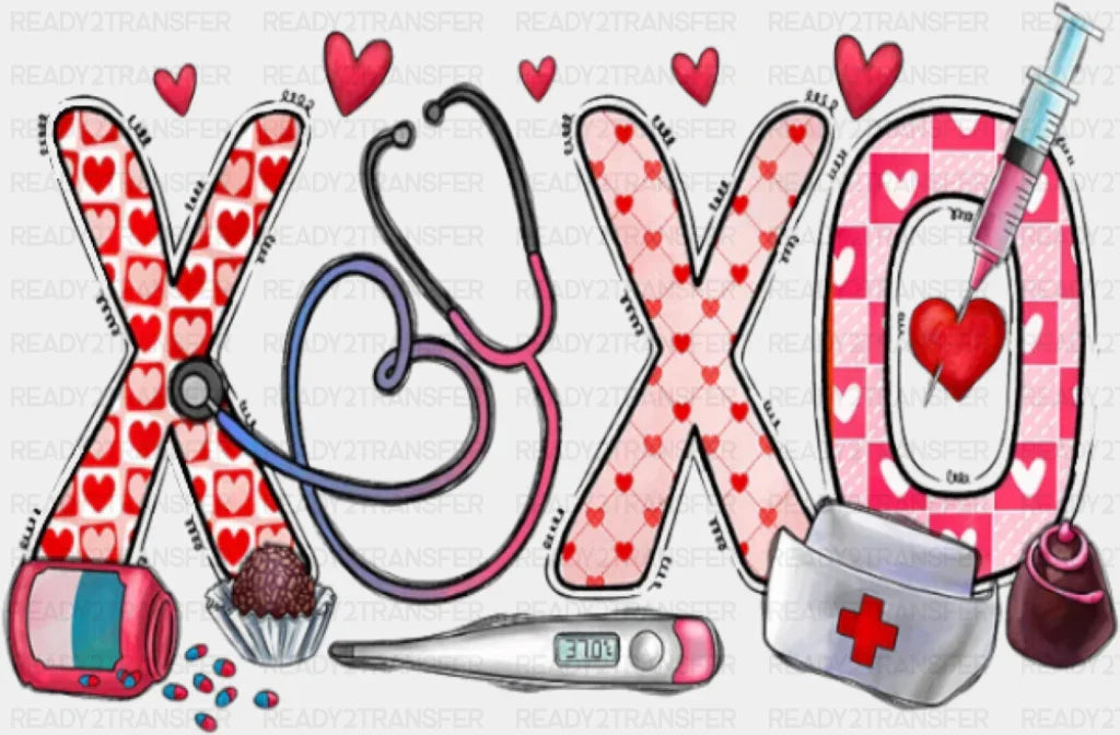 Xoxo Thermometer Syringe Stethoscope Design - Valentine’s Day Dtf Transfer
