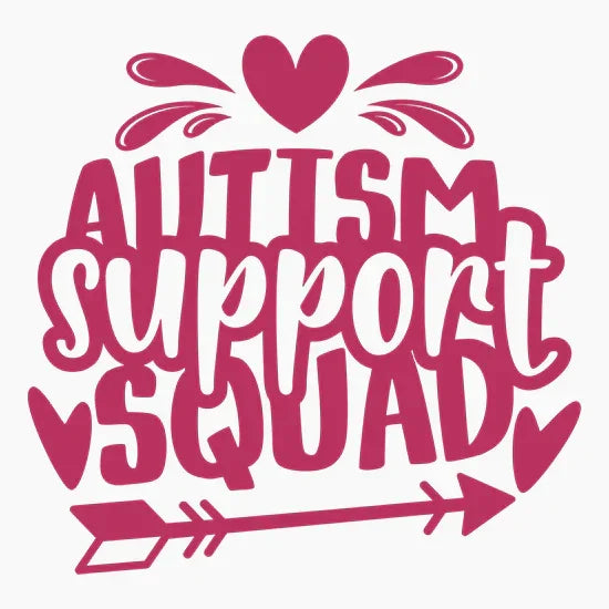 Autism Support Squad graphic with hearts and arrow in pink, symbolizing community and support