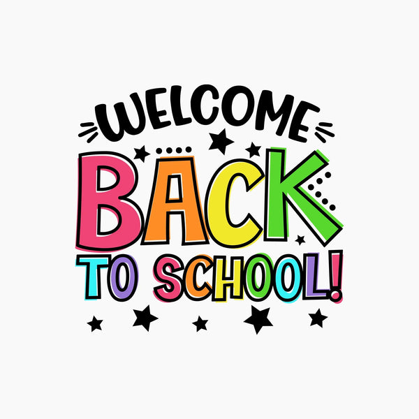 Colorful welcome back to school text with stars on white background
