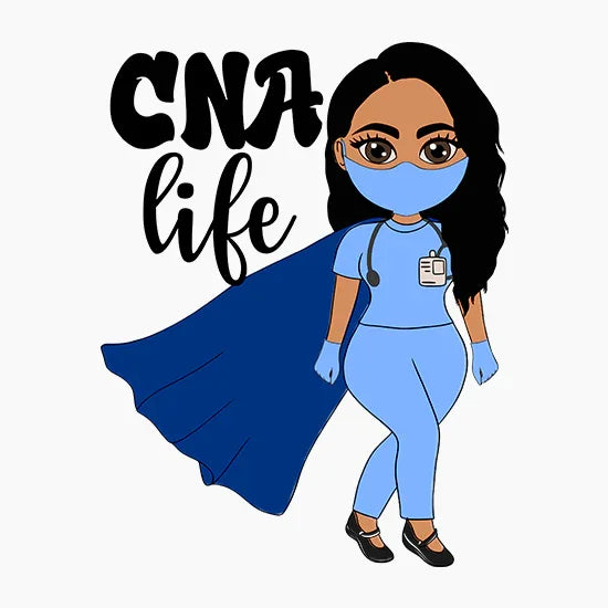 Cartoon female CNA in blue scrubs with mask, gloves, stethoscope, and superhero cape with text CNA life
