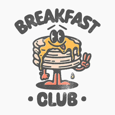 Cartoon stack of pancakes with syrup, smiling and holding up a peace sign, text Breakfast Club