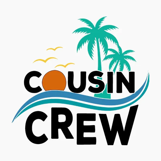 Cousin Crew logo with tropical palm trees, sunset, birds, and ocean waves in vibrant colors