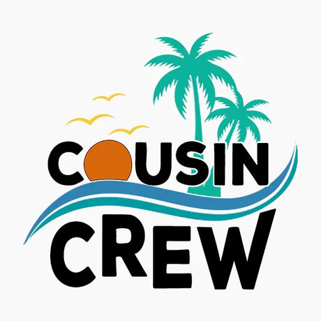 Cousin Crew logo with tropical palm trees, sunset, birds, and ocean waves in vibrant colors