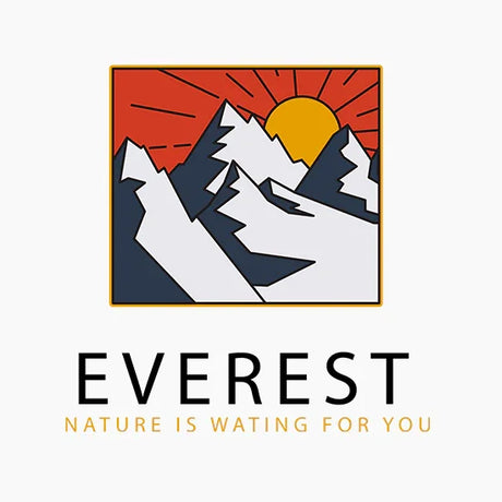 Stylized Everest mountain logo with sun and red sky, text Nature is Waiting for You