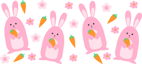 Cute pink cartoon Easter bunnies holding carrots with pink flowers and floating carrots background