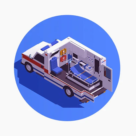 Isometric illustration of an ambulance interior with stretcher, medical equipment, and seats on blue background