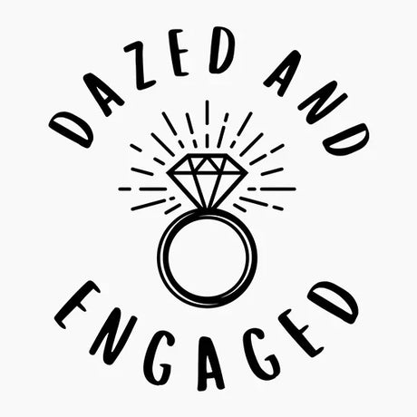 Black line art diamond engagement ring with rays and text Dazed and Engaged on white background