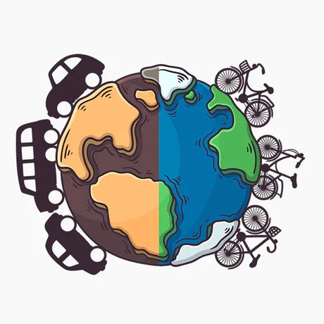 Illustration of Earth split showing cars on one side and bicycles on the other, eco-friendly transportation concept