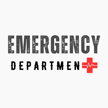 Emergency department text with distressed gray and black font and red medical cross with heartbeat line
