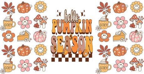 Hello pumpkin season text with smiling flowers, pumpkins, cozy mug, pie, and autumn mushrooms