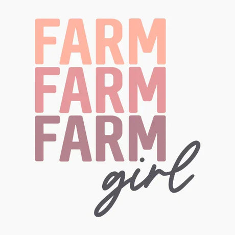 Graphic text art with the words 'FARM' repeated in three shades of pink and 'girl' in black cursive