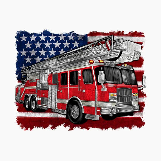 Red fire truck with extended ladder in front of a distressed American flag background