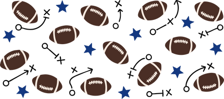 Pattern of brown footballs with white laces, blue stars, and black football play diagrams on black background