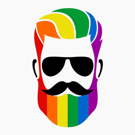Stylized male face with rainbow-colored hair and beard, black sunglasses, and mustache, LGBTQ pride design